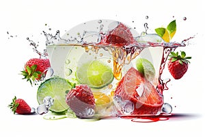 Water splash on white background with fruit slices, mint leaves, and ice cubes as a concept for summer. Generative AI