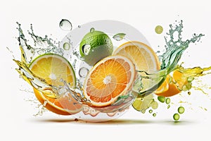 Water splash on white background with fruit slices, mint leaves, and ice cubes as a concept for summer. Generative AI