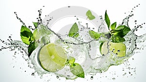 Water splash on white background with lime slices and mint leaves. Generative AI