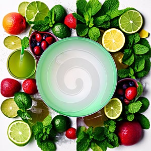 Water splash on white background with lime slices, mint leaves, and ice cubes as a concept for summertime libations. Gen