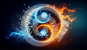 Water splash with yin and yang symbol. Fire and ice color cencept