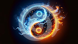 Water splash with yin and yang symbol. Fire and ice color cencept