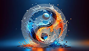 Water splash with yin and yang symbol. Fire and ice color cencept