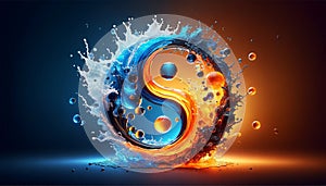 Water splash with yin and yang symbol. Fire and ice color cencept