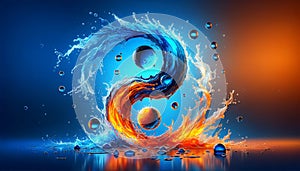 Water splash with yin and yang symbol. Fire and ice color cencept