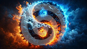 Water splash with yin and yang symbol. Fire and ice color cencept