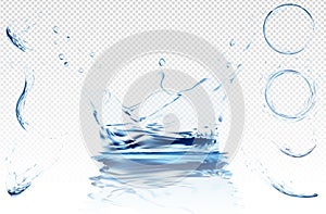 Water splashes collection. Blue transparent water vector splash crown with ripple reflection. spray with drops