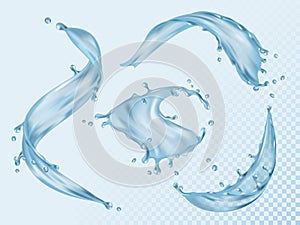 Water splashes. Flowing liquid aqua with various drops vector realistic set