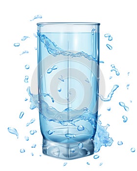 Water splashes in light blue colors around a opaque glass