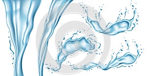 Water splashes. Realistic blue liquid splashes, flying drops and jets, translucent isolated objects, pure and clear aqua, fresh