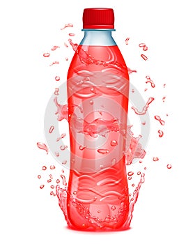 Water splashes in red colors around a plastic bottle with red juice