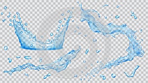 Water splashes, water drops and crown from splash of water. Tran