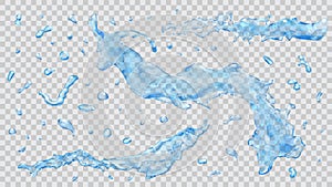 Water splashes and water drops. Transparency only in vector file