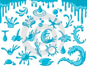 Water splashes, waves, drops set in cartoon flat style. Sea splatters and water spray, falling droplets, paint stain