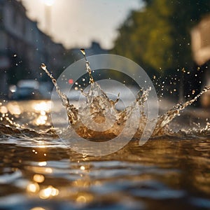 Water splashing on city street during heavy rainstorm