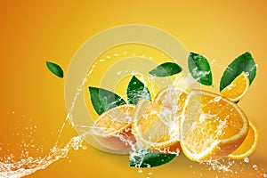 Water splashing on Fresh Sliced â€‹â€‹oranges and Orange fruit on Orange background