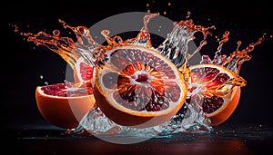 Water Splashing on Group of Delicious Fresh Blood Oranges Fruit on Black Background AI Generative