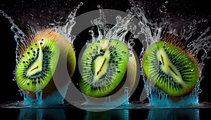 Water Splashing on Group of Delicious Fresh Yellow Green Kiwi Fruit on Black Background AI Generative