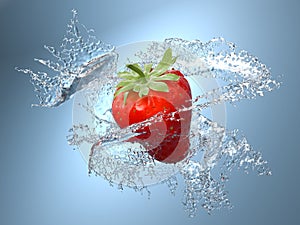 Water splashing on a strawberry