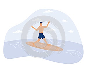 Water sport concept, Water skiing, surfing and sailing, active lifestyle, summer adventure, swim wetsuit, yacht club, flat vector