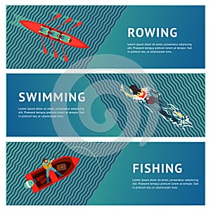 Water sport. Horizontal banners set. People recreation on a river. Flat style illustration.