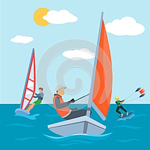 Water sport at sea, kite and surfing activity vector illustration. Extreme surfer people character have active fun at