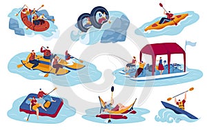 Water sport tourism vector illustration set, cartoon flat tourist sportman character riding boat or kayak, kayaking