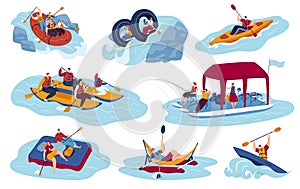 Water sport tourism vector illustration set, cartoon flat tourist sportman character riding boat or kayak, kayaking photo