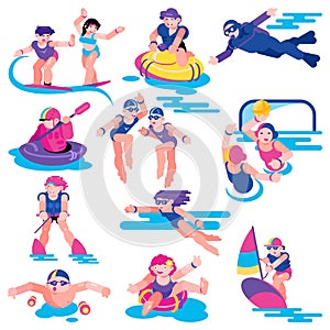 Water sport vector people character on vacation surfing on surf board illustration set of man woman kids character