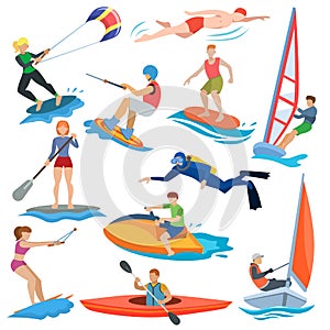 Water sport vector people in extreme activity or windsurfer and kitesurfer illustration set of sportsman characters