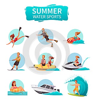 Water Sports Cartoon Icons Set