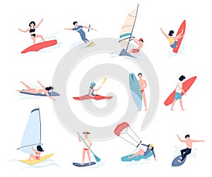 Water sports characters. Sea or ocean extreme sport, surfing, wakeboarding, windsurfing and kayaking. People recreation