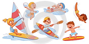 Water sports with children. Surfing. Swimming. Sailing. Diving
