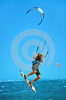 Water Sports. Kiteboarding, Kitesurfing In Ocean. Extreme Sport