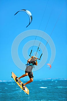 Water Sports. Kiteboarding, Kitesurfing In Ocean. Extreme Sport