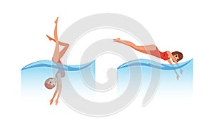 Water Sports Set, Woman in Red Swimsuit Jumping into the Water and Swimming Cartoon Vector Illustration photo