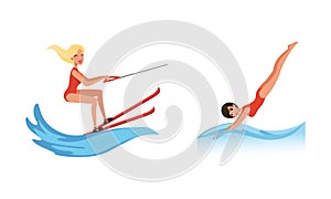Water Sports Set, Young Women Riding Waterski, Diving into the Water Cartoon Vector Illustration