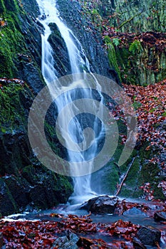 Water spray below small waterfall on mountain stream. Broken branches in water