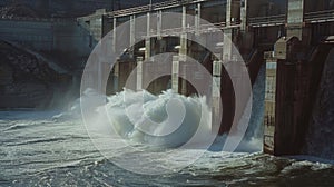 Water spray shoots out from the side of the dam as it churns through the motion of generating electricity photo