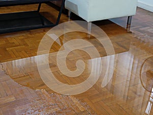 Water spreading / flooding on living room parquet floor in a house - damage caused by water leakage