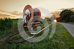 Water sprinkler irrigation system, Farming field with irigation siststems at sunset