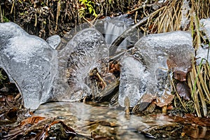 Vodní proud s kusy ledu, Nízké Tatry, Slovensko