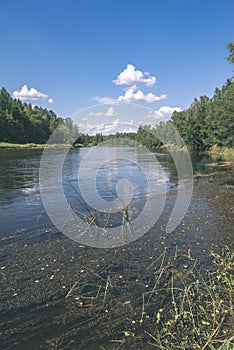 water stream in river of Amata in Latvia with sandstone cliffs, green foliage - vintage retro film look