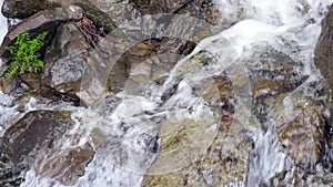 Water stream on stone. Small water fall on rock. Water flowing between stones