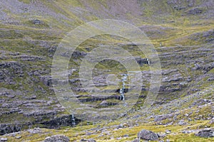 Water stream tumbling down over cliffs in Scottish Highlands