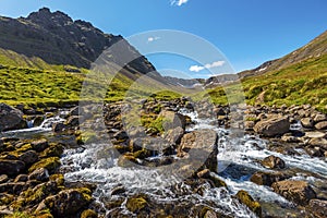 Water streams and mountain landscape of Mjoifjordur locality