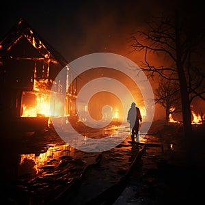 Water streams onto burnt structure, firefighter quelling the smoldering aftermath of destruction