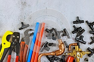 Water supply kit tools for cutting polypropylene pipes, plastic corners, wrench, work gloves