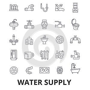 Water supply, pipe, drainage, hvac, pump, irrigation, reservoir line icons. Editable strokes. Flat design vector