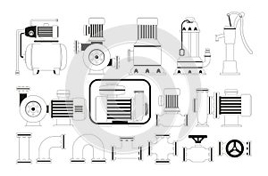 Water Supply System Outline Icons Set. Pipes, Pumps, And Valves Items That Transport Water From Its Source